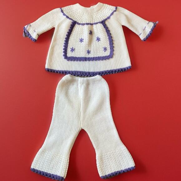 Vintage Acrylic Knit Baby 3-12M Outfit 2 Piece Set White Purple Pants Sweater - Picture 1 of 6